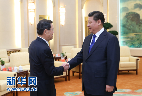 11月9日,中共中央總書記習近平在北京人民大會堂會見臺灣兩岸共同市場基金會榮譽董事長蕭萬長一行。 新華社記者龐興雷攝
